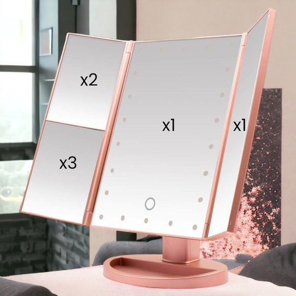 Tri-Fold Lighted Makeup Mirror 22 LED 1x 2x 3x Rose Gold USB Battery Operated - Picture 14 of 16